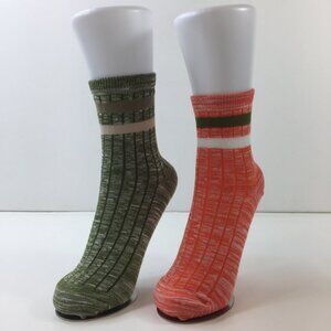 Unique 2-Pack Socks Set Green & Orange Ribbed Crew Unisex Funky Stylish